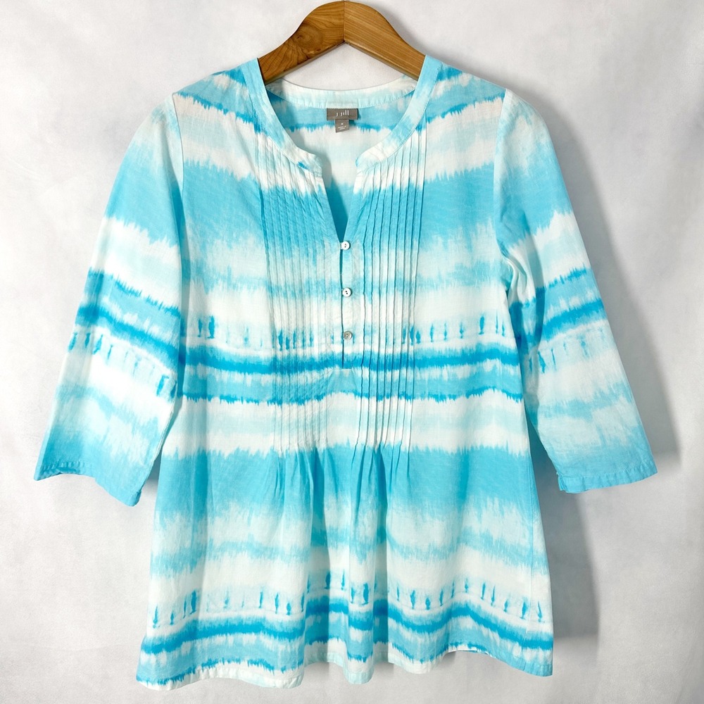 J. Jill Cotton 3/4 Roll‎ Tab Sleeve Tie Dye Blue Tunic Top Women's Size Medium